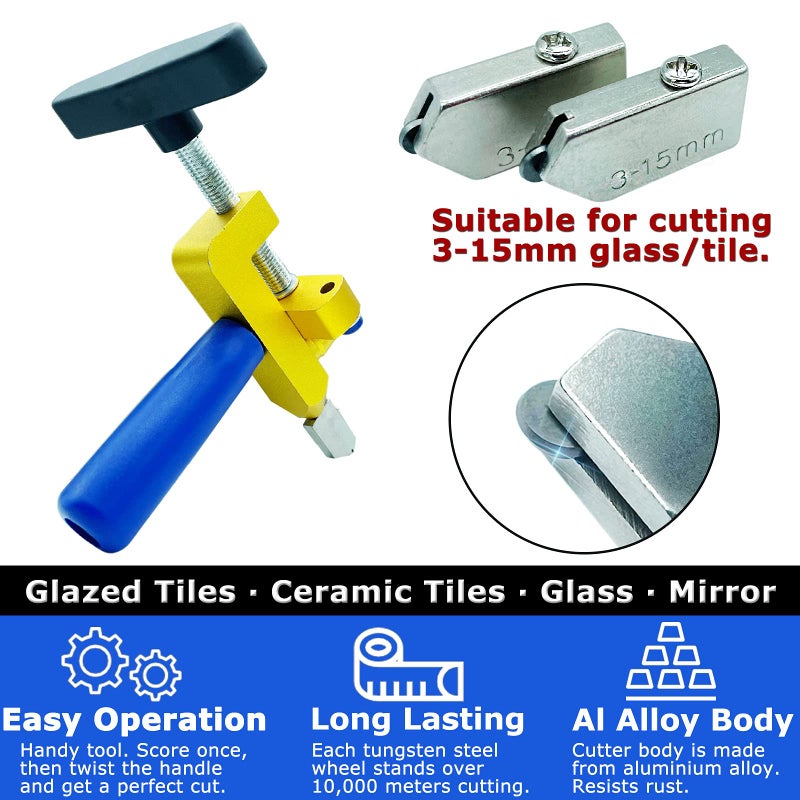 Kannony Wind Glass Cutter Hand Tool, Manual Tile Cutter, 2 in 1 Glass Cutting Tool with Glass Breaking Pliers, DIY Tool Kit, 3 Tungsten Steel Blades, 4 Tips, 1 Screwdriver, Golden - Image 3